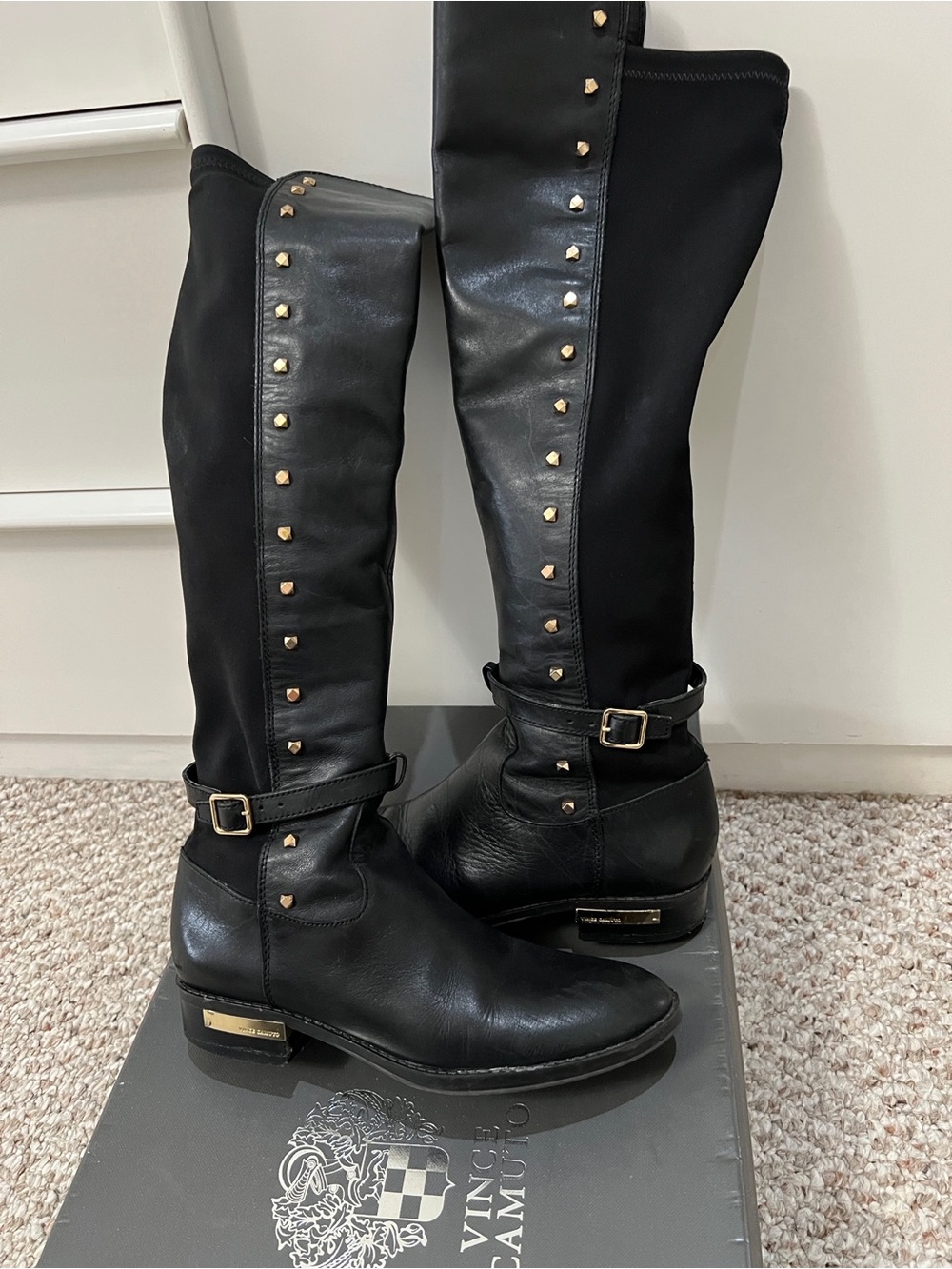 Vince Camuto Black Knee-High Studded Boots with Gold Accents